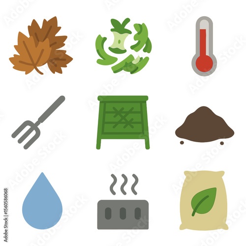 Leaf Composting Icons. Flat icon set of leaf composting process: brown leaves, green scraps, compost thermometer, turning
