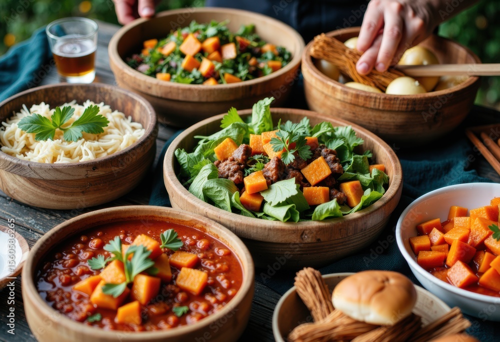 Fototapeta premium Assorted vegetable dishes and bread served in wooden bowls for a hearty meal
