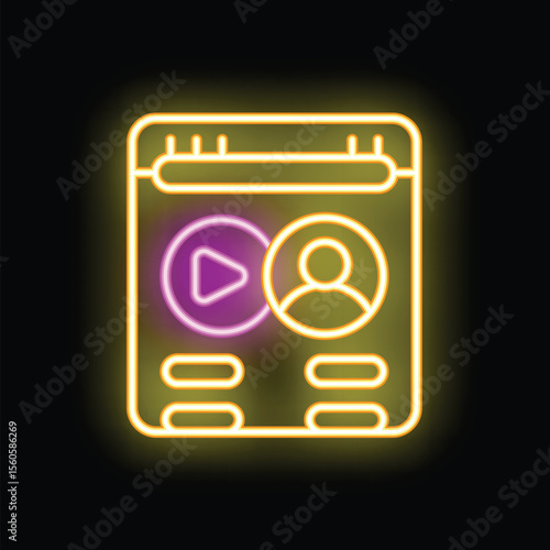 Neon sign illuminating a video player interface with a user profile, a play button, and menu options, perfect for showcasing concepts related to online video streaming