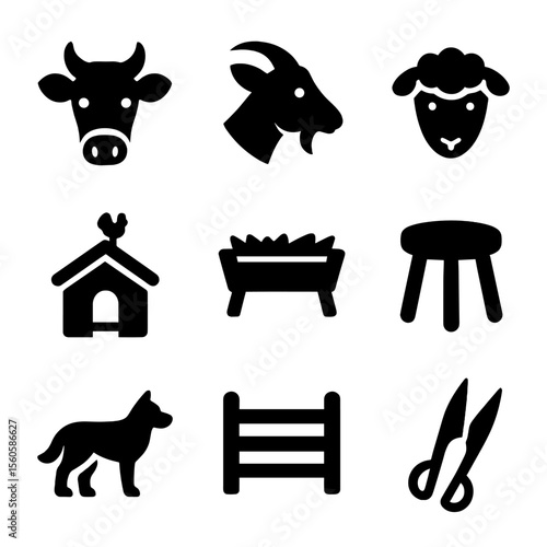 Livestock Care Icons. Solid, Filled icon set of livestock care: cow, goat, sheep, chicken coop, feeding trough, milking stool,