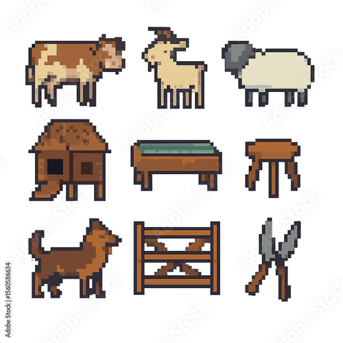 Livestock Care Icons. Pixel art icon set of livestock care: cow, goat, sheep, chicken coop, feeding trough, milking stool, herd