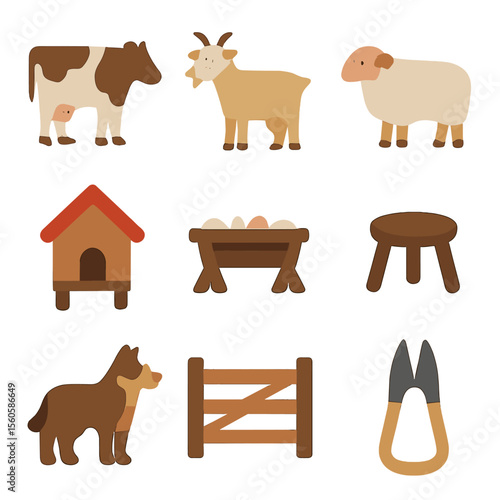 Livestock Care Icons. Flat icon set of livestock care: cow, goat, sheep, chicken coop, feeding trough, milking stool, herd dog,