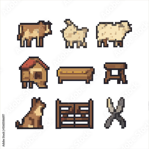 Livestock Care Icons. Pixel art icon set of livestock care: cow, goat, sheep, chicken coop, feeding trough, milking stool, herd