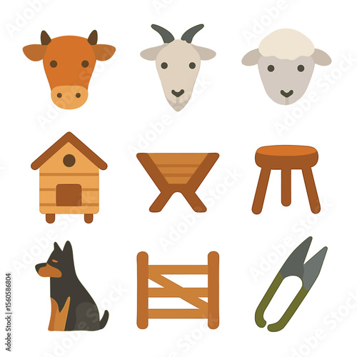 Livestock Care Icons. Flat icon set of livestock care: cow, goat, sheep, chicken coop, feeding trough, milking stool, herd dog,