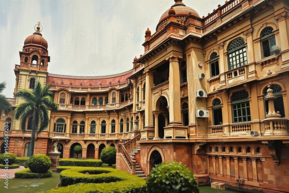 Obraz premium Opulent building with domed roofs colonnades and green gardens