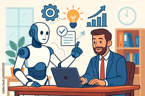 Artificial intelligence enhancing human productivity. AI robot assistant helping businessman in office. Concept of business automation, workflow optimization, innovation, and growth.