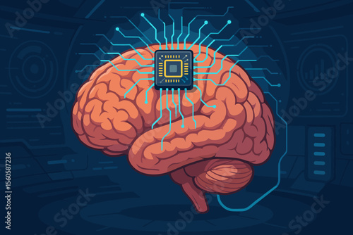 Brain computer interface BCI concept. AI technology. Microchip implant in human brain. Neuroscience. Cognitive enhancement. Future of cybernetics, transhumanism, artificial intelligence.