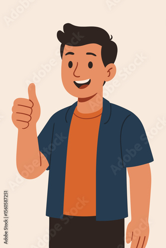 Happy young man showing thumbs up gesture. Positive smiling male character approving. Like symbol for success and agreement. Good feedback. Modern flat vector cartoon illustration.