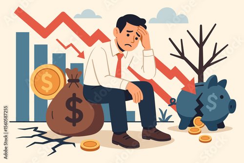 Financial crisis and bankruptcy concept. Stressed sad businessman with broken piggy bank and money loss. Economic recession, investment failure, stock market crash metaphor vector.