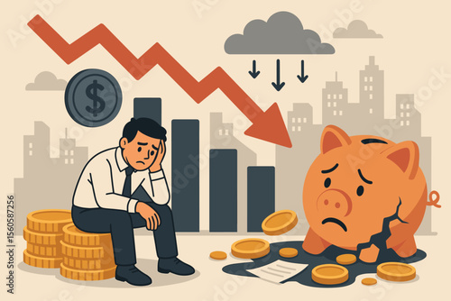 Vector illustration of financial crisis and bankruptcy. Economic recession and downturn concept. Sad businessman with broken piggy bank. Metaphor for stock market crash, debt, poverty.