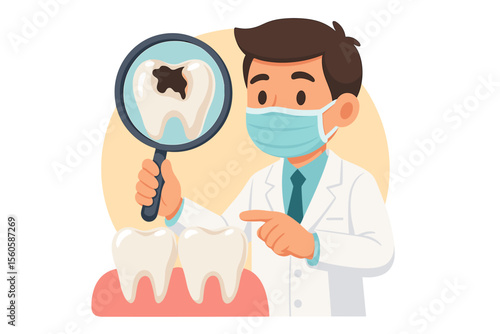 Dentist examining tooth decay with a magnifying glass. Dental health checkup concept. Doctor showing caries problem and disease. Stomatology, oral hygiene and healthcare vector illustration.