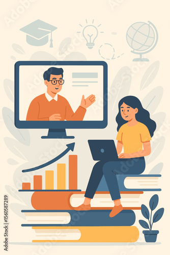 Online education vector illustration. Female student with laptop on books watching online course. E-learning, distance study, webinar concept. Knowledge, growth, graduation. Flat design.