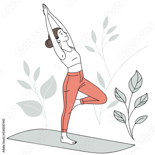 Illustration of a woman in tree pose on a yoga mat with leaves in the background in a line art style