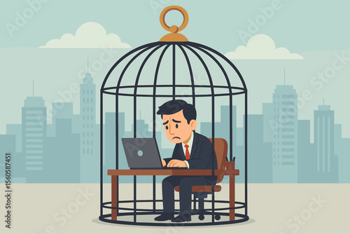 Corporate slavery metaphor. Sad businessman trapped in birdcage, working on laptop. Concept of modern work routine, burnout, stress, depression. Unhappy employee feeling like a prisoner.
