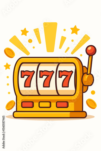 Slot machine vector illustration. Lucky 777 jackpot win. Casino gambling game concept. Golden one-armed bandit with winning combination. Prize money coins. Fortune success icon.