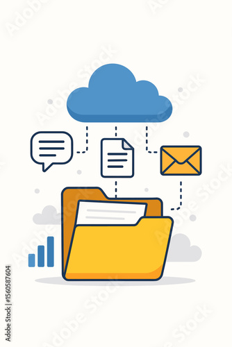 Cloud computing technology vector concept. Data storage and online file management. Digital archive with folder connected to cloud server. Document sharing, email communication, data transfer.