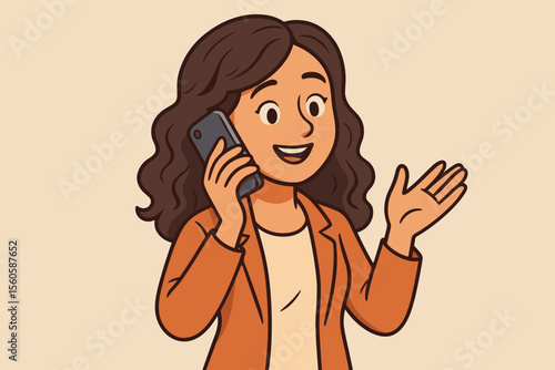 Woman talking on mobile phone. Happy girl having a phone conversation, gesturing. Friendly customer service agent, secretary, or assistant cartoon character. Vector illustration.