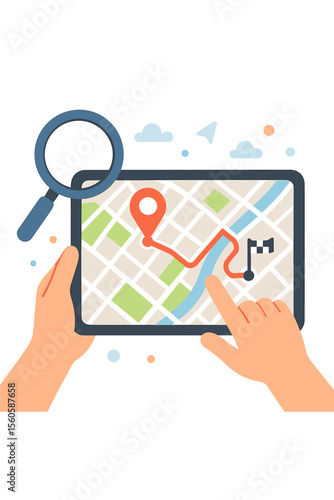 GPS navigation concept. Hands hold tablet with city map. User finds route, gets directions. Search location, pin, address, destination. Mobile app technology for travel, journey. Flat vector.