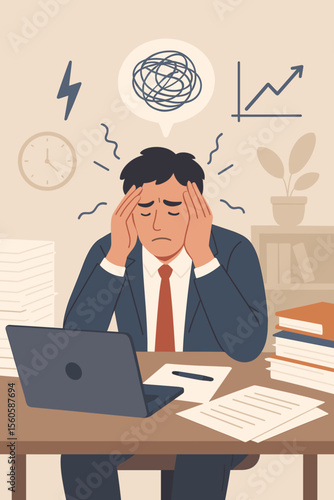 Stressed businessman suffering from occupational burnout. Overwhelmed office worker with a headache from workload and deadline pressure. Mental health, anxiety and depression concept.