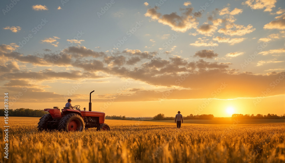 Fototapeta premium The image shows a man driving a red tractor in a field of wheat at sunset. The sky is a beautiful mix of oranges