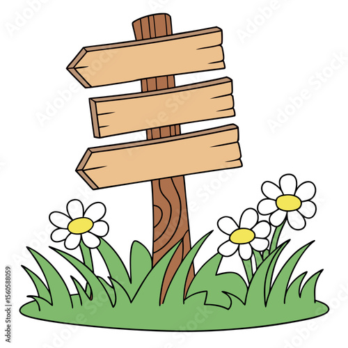 Wooden directional signpost with three blank planks in a field of wildflowers and green grass
