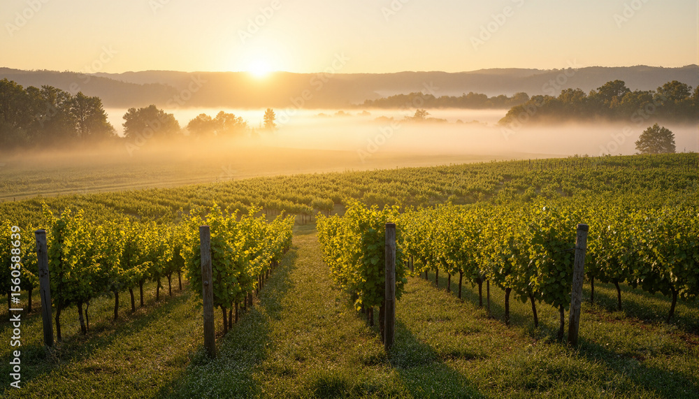 Naklejka premium The image shows a vineyard at sunrise with the sun setting in the background