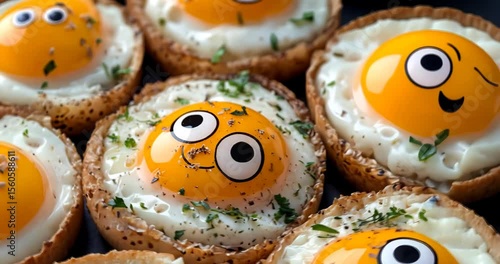 Close-up macro shot of smiling fried eggs, a fun and creative breakfast idea.