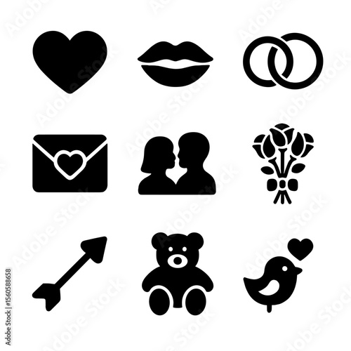 Love Icons Grid. Solid, filled icon set of love and intimacy symbols: heart, kiss mark, intertwined rings, love letter, couple