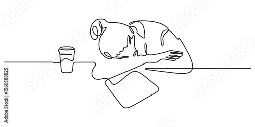 Continuous one line drawing of young sleepy female worker fall a sleep on laptop while he was working on his desk. Vector illustration
