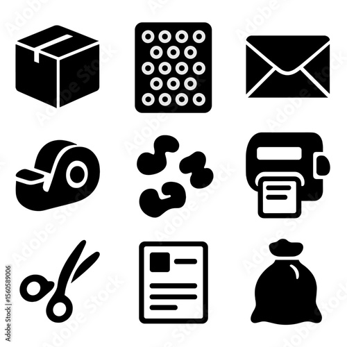 Mail Packaging Icons. Solid, filled icon set of mail packaging materials: cardboard box, bubble wrap, mailing envelope, tape
