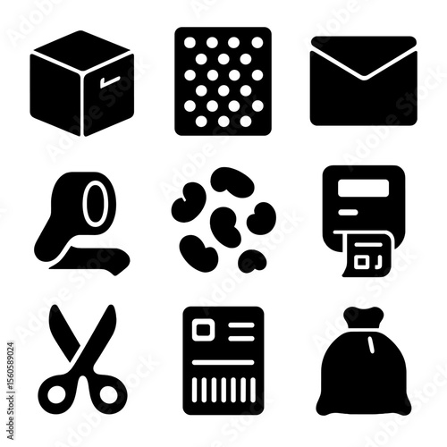 Mail Packaging Icons. Solid, filled icon set of mail packaging materials: cardboard box, bubble wrap, mailing envelope, tape