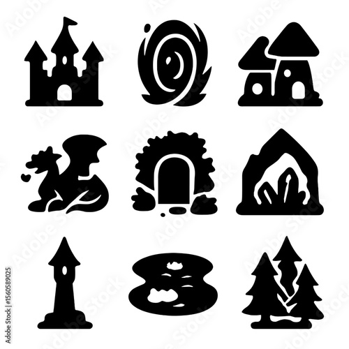 Magical Realms Icons. Solid, filled icon set of magical realms and places: enchanted castle, magic portal, fairy village, dragon’s