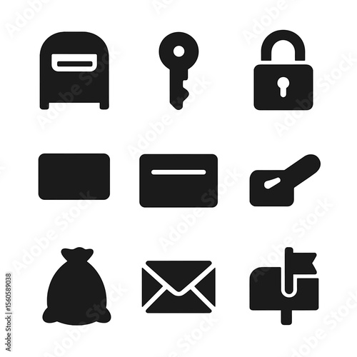 Mailbox Icon Set. Solid, filled icon set of PO box door features: mailbox, keyhole, lock, number plate, mail slot, handle, mailbag