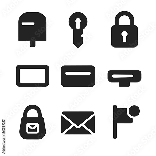 Mailbox Icon Set. Solid, filled icon set of PO box door features: mailbox, keyhole, lock, number plate, mail slot, handle, mailbag
