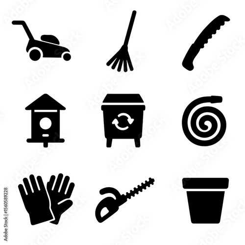 March Garden Icons. Solid, filled icon set of March home and garden care: lawn mower, leaf rake, pruning saw, bird feeder, compost