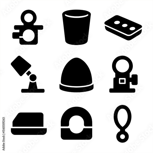 Marine Icon Set. Solid, Filled icon set of boat and marine cup mounts: pontoon rail clamp, stainless steel holder, drainage holes