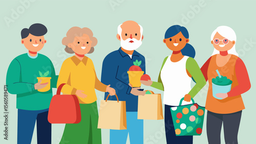 A group of community members organizing a shopping day for elderly individuals providing company and assistance with groceries promoting physical activity and nutrition.. Vector illustration