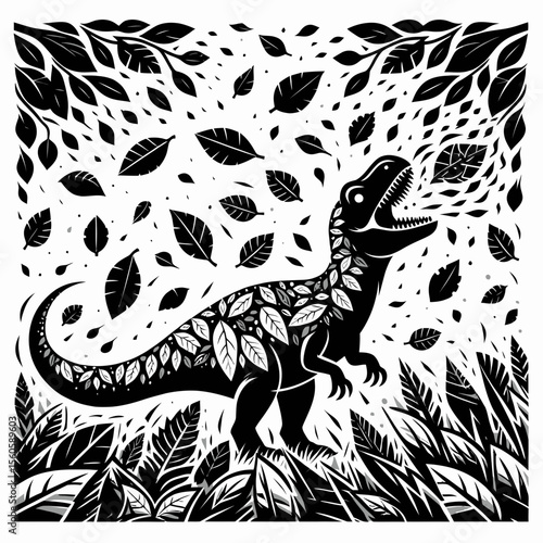 Dinosaur Standing Under Falling Leaves in Autumn Forest