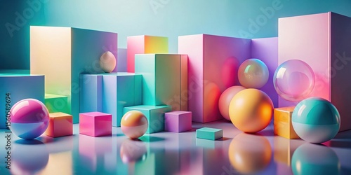 Abstract pastel geometric shapes and spheres composition with glossy reflections
