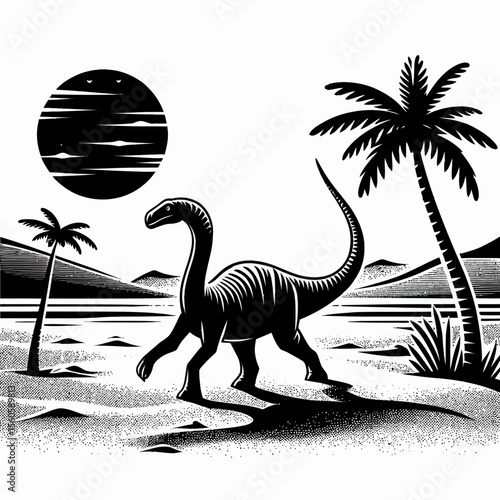 Diplodocus Walking Through a Sunlit Prehistoric Desert