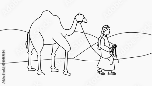 Hand-Drawn Line Art of a Man Leading a Camel in the Desert
