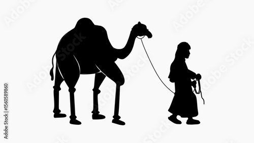 Silhouette of a Man Walking with Camel. Desert Nomad Illustration