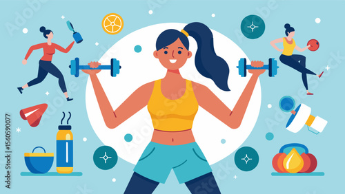 A woman attending multiple workout classes in a row her daily routine revolving solely around the gym and her fitness goals.. Vector illustration