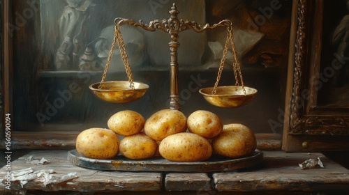 A painting of a scale with a bowl of potatoes on each side