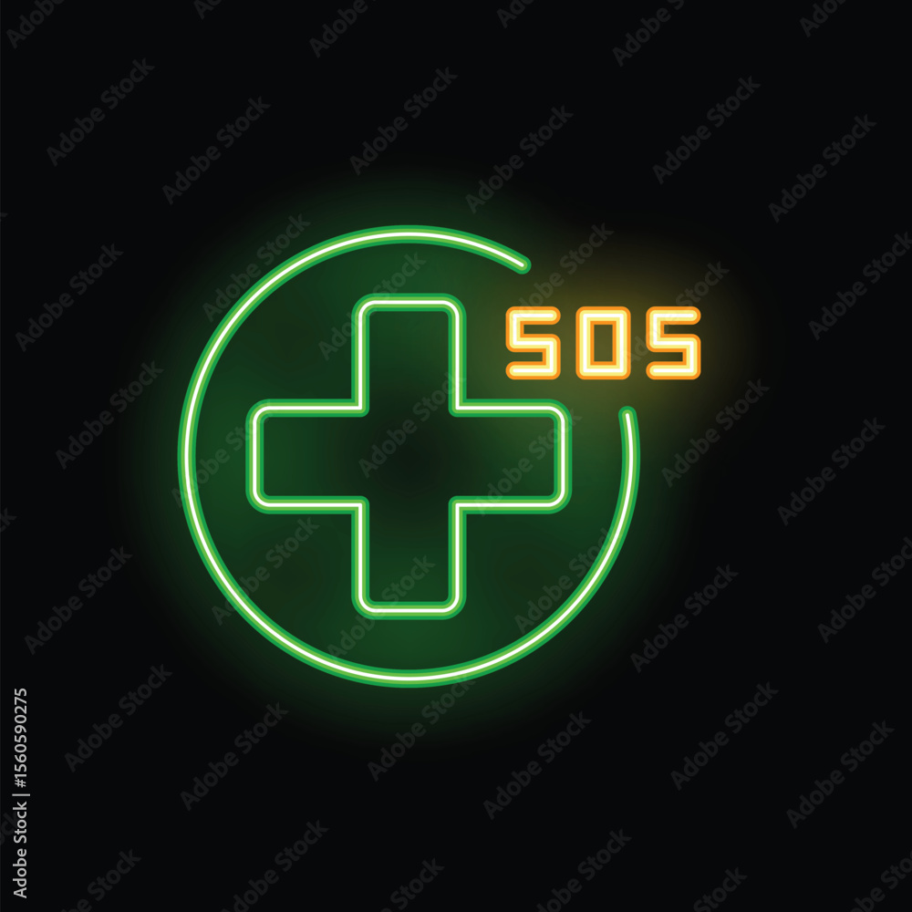 Obraz premium Green neon sign showing a medical cross symbol with an sos emergency signal