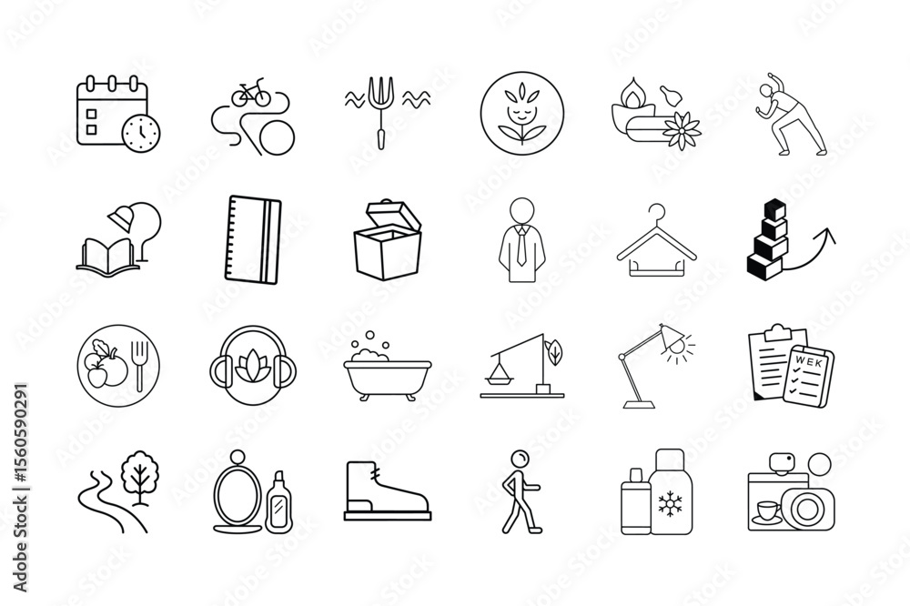 Fototapeta premium Lifestyle Icon Set – Healthy Living, Wellness, Daily Routine, Self-Care, Nutrition, Fitness, and Productivity Symbols