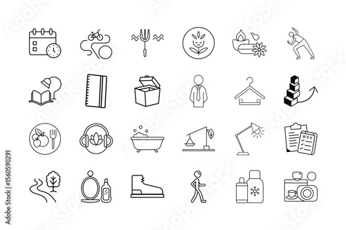 Lifestyle Icon Set – Healthy Living, Wellness, Daily Routine, Self-Care, Nutrition, Fitness, and Productivity Symbols