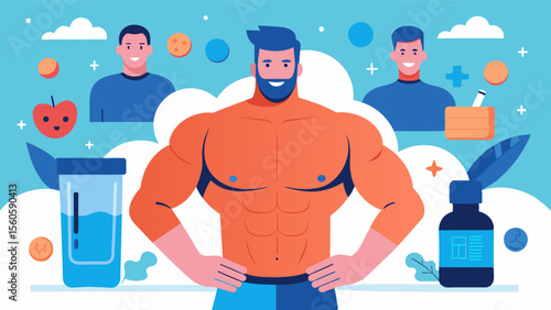 An ad for a mens health supplement features real testimonials from men of different body types showing the effectiveness of the product for all body types.. Vector illustration