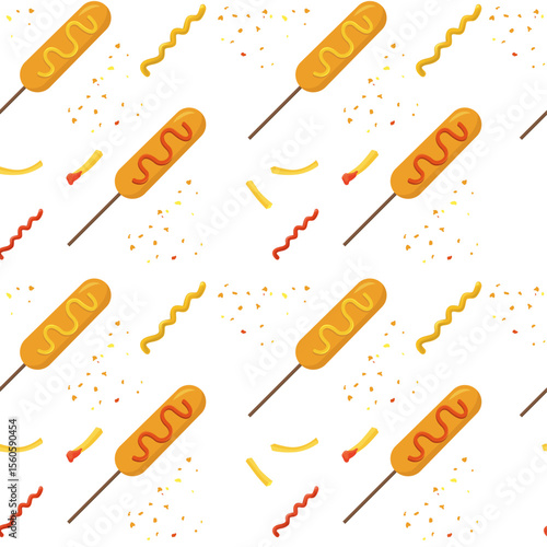 Seamless pattern corn dogs with ketchup, mustard on sticks. For fast food packaging, street food festival designs, snack themed prints.