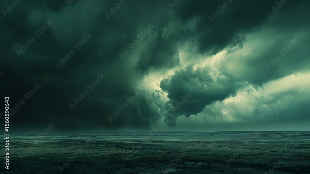 Obraz premium Dark storm clouds gather over a flat landscape.